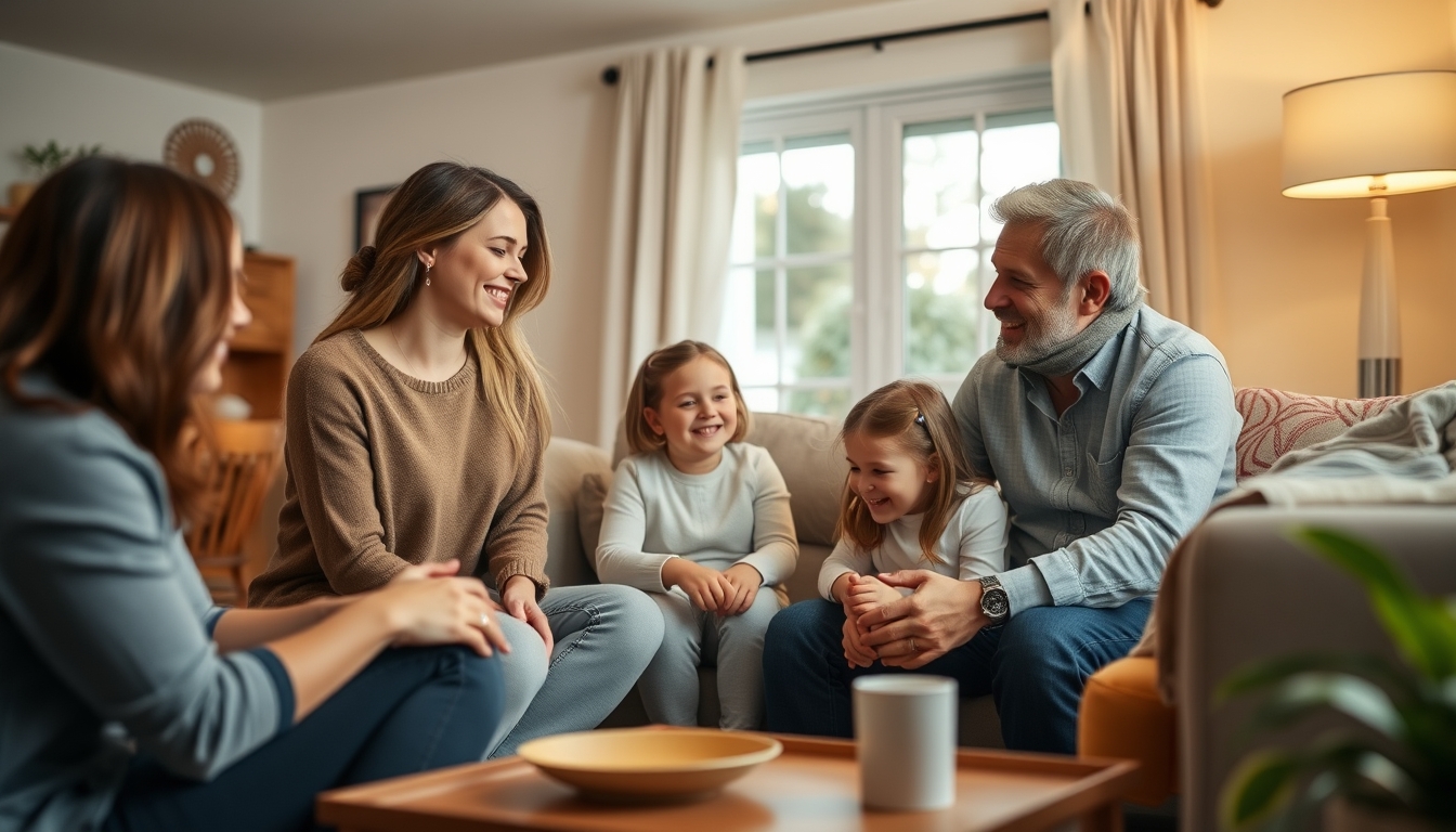 Au pair with host family in a cozy living room.