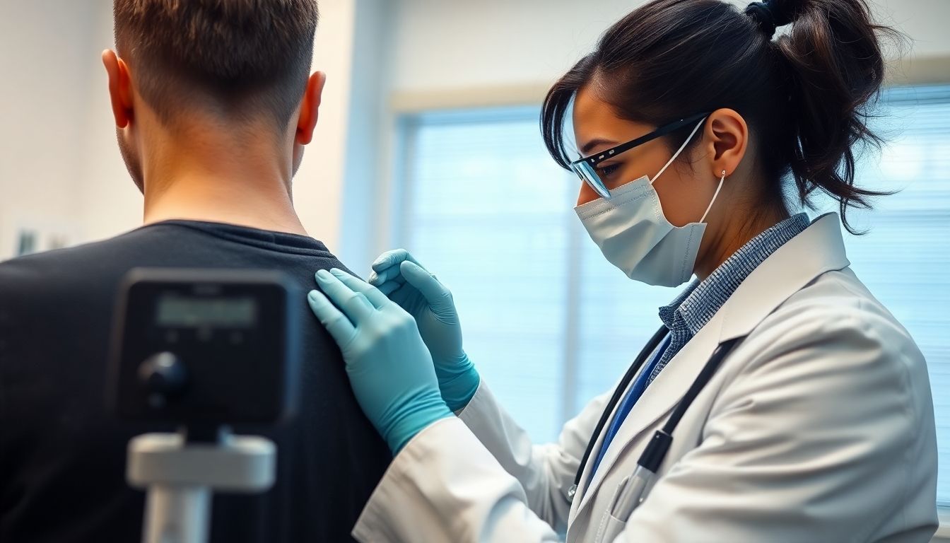 Elektrotherapie: Doctor and patient in a bright clinic room during electrotherapy.