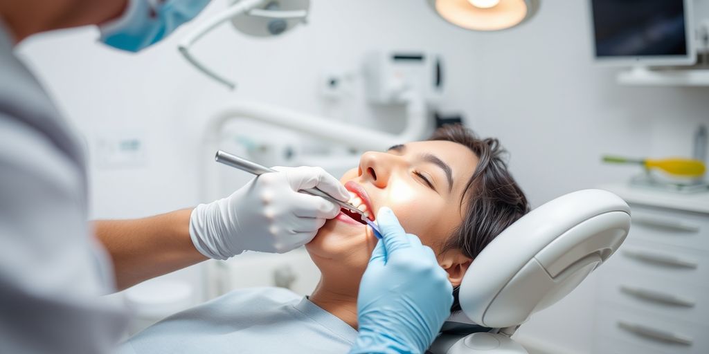 Dentist cleaning patient's teeth in modern office