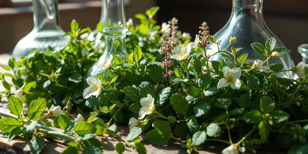 Spagyrik: Pflanzen und alchemistische Geräte.