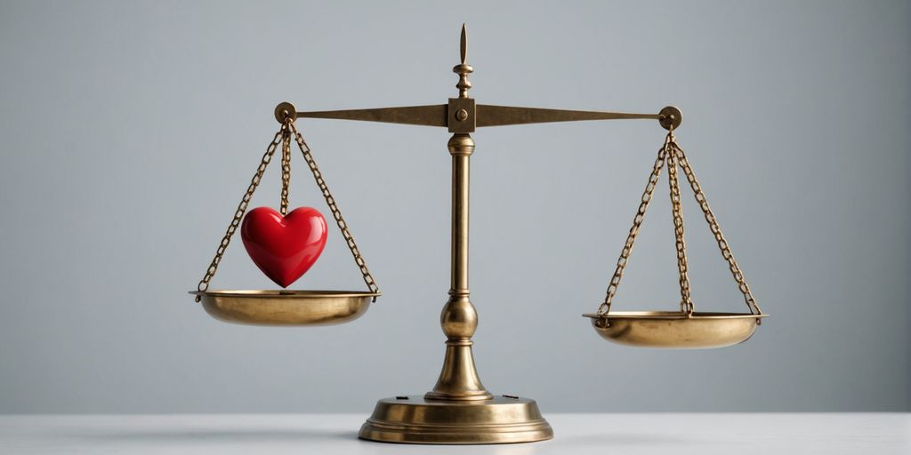 Balanced scale with heart and shield