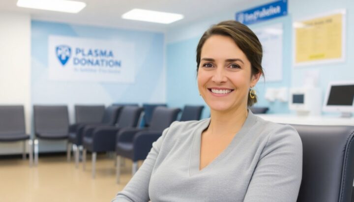 Plasma spenden: Smiling woman in a bright, clean donation center.