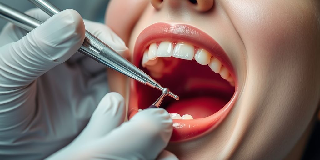 Dentist's hands with tools near open mouth