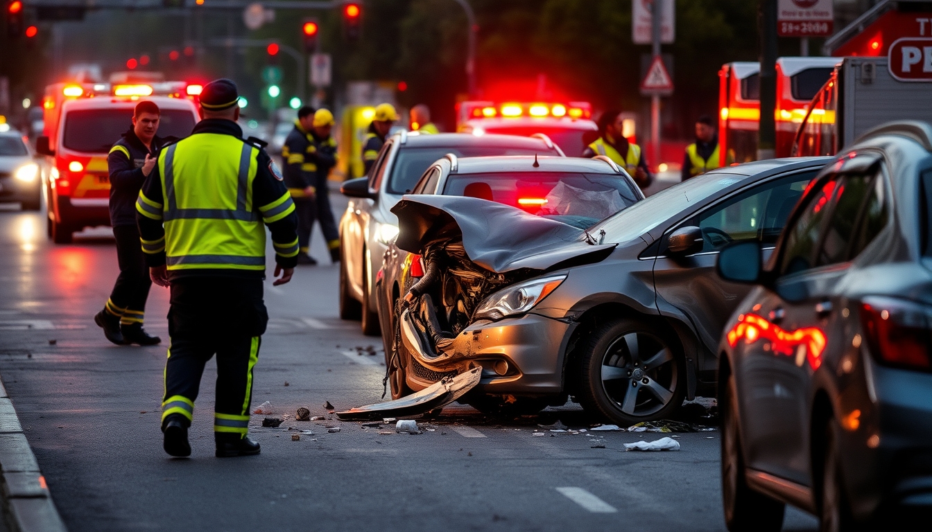 Car accident scene with emergency responders and damaged vehicles.