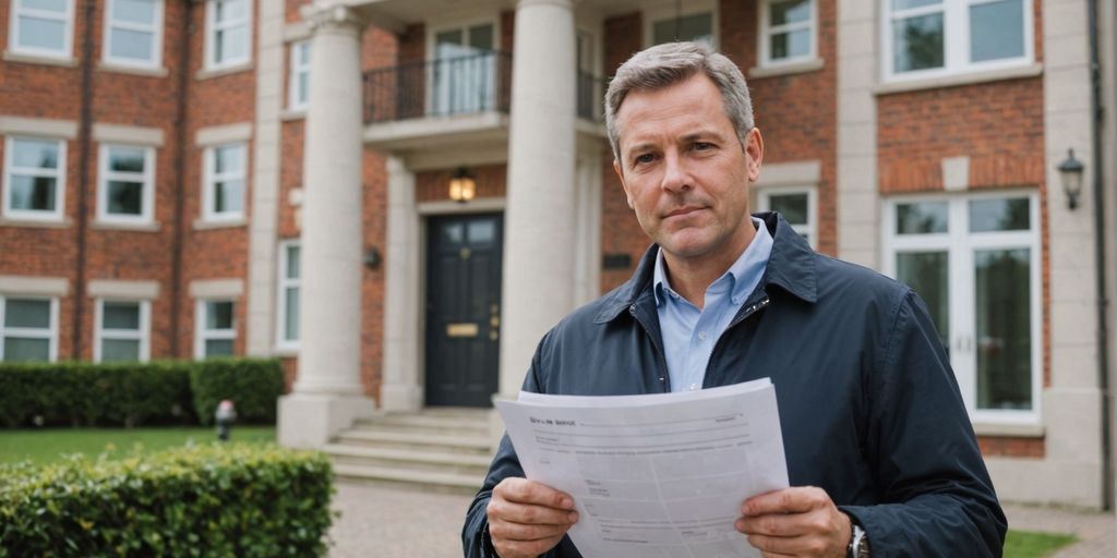 Landlord with legal document in front of building.