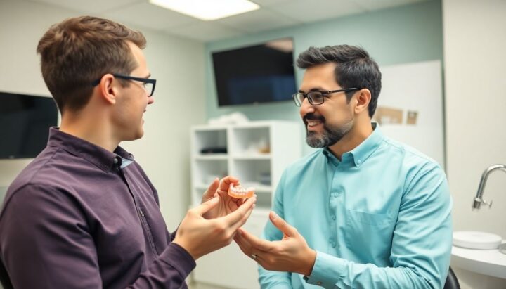 Zahnarzt bespricht Sportschutzschiene mit Patient in Praxis.