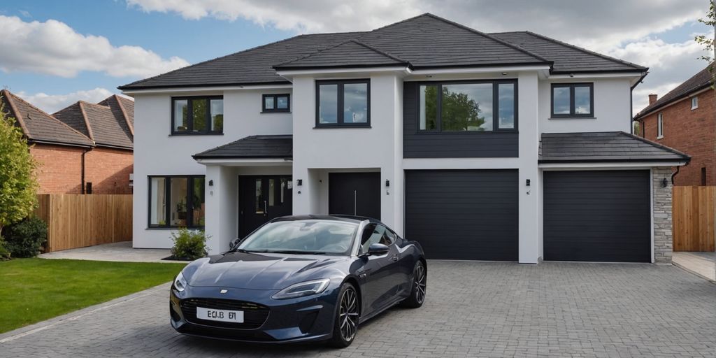 Modern garage with car in new house
