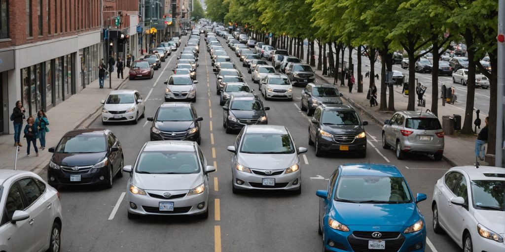 City street with shared cars and people using smartphones.