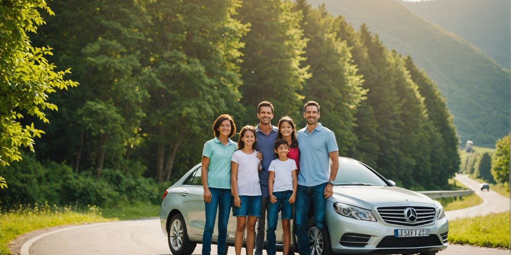 Family with car on scenic road