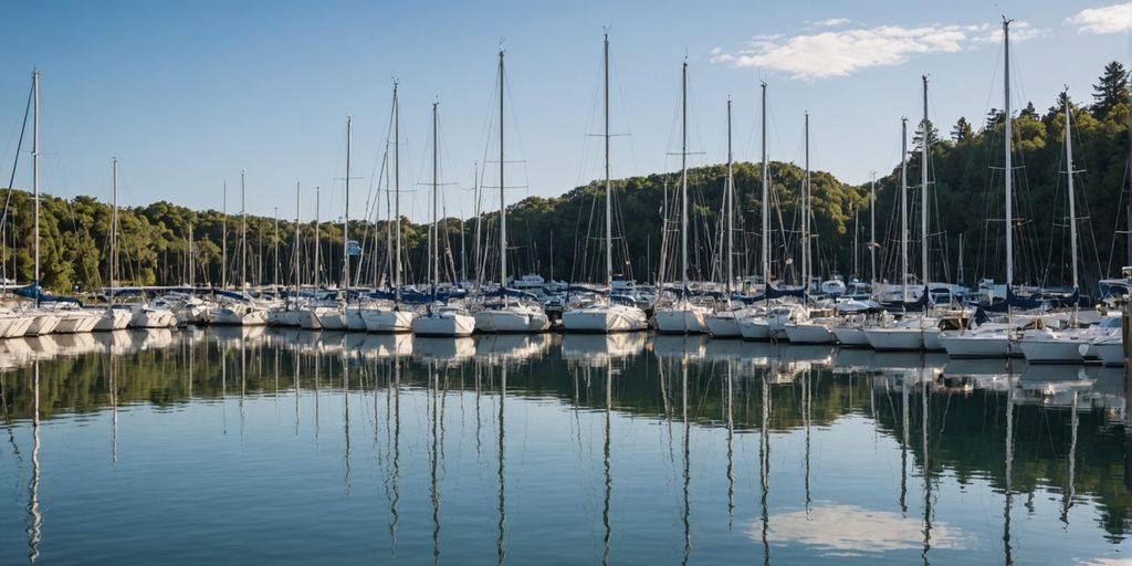 Marina with docked sailboats and calm water
