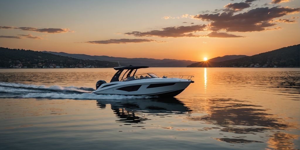 Modern boat on calm waters at sunset.