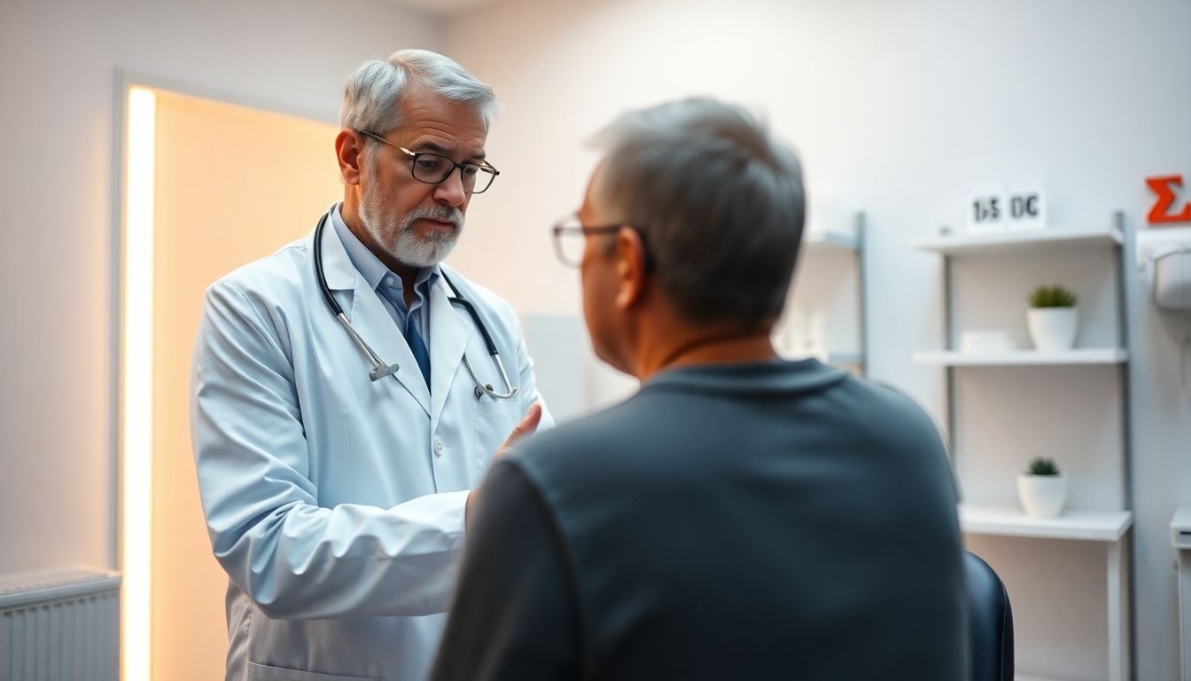 Appendektomie: Arzt und Patient besprechen eine medizinische Behandlung in einer Praxis.