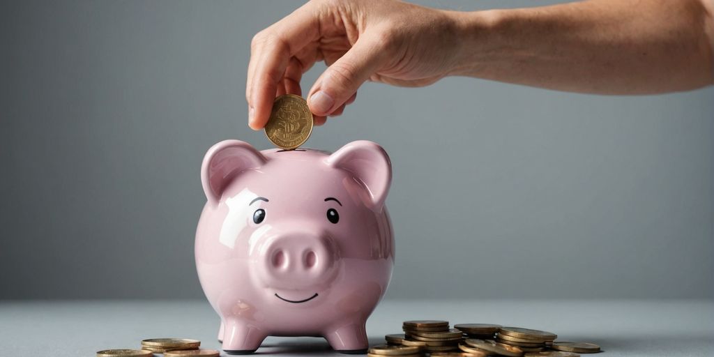 Person holding piggy bank with falling coins.
