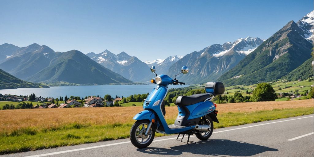 Moped on scenic road with mountains.