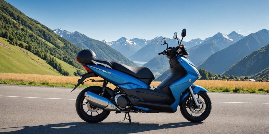 Moped on scenic road with mountains