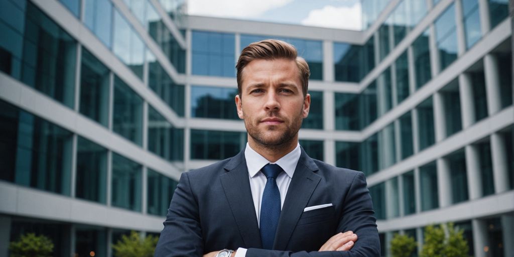 Business manager in front of office building