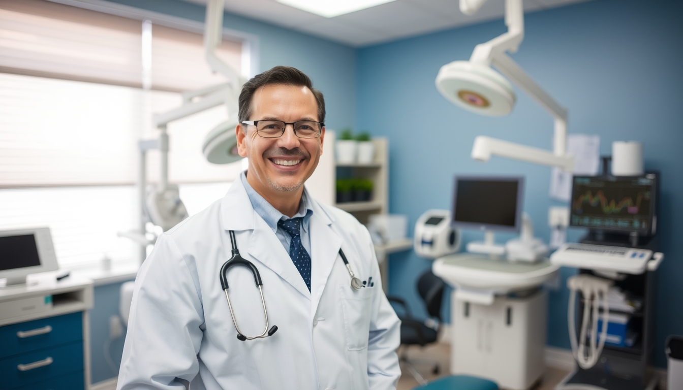 Smiling doctor in a medical practice setting.
