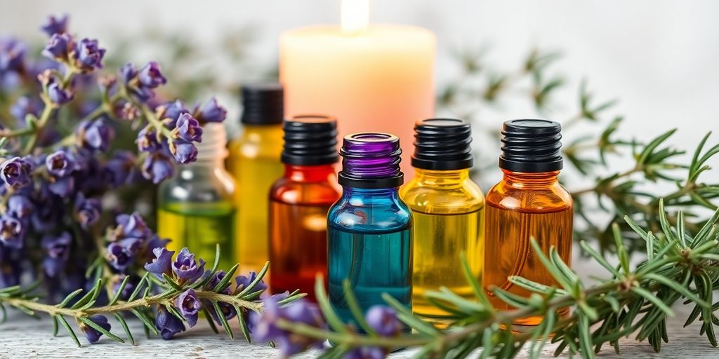 Ätherische Öle, Blumen und Kerzen auf Holztisch.