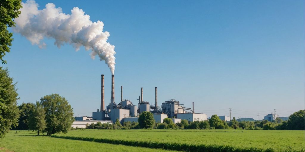 Factory with minimal smoke in green landscape