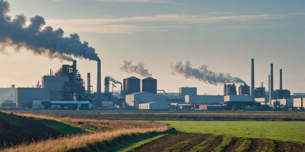 Factory with minimal smoke in a serene landscape