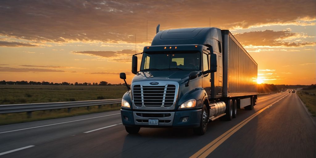 Truck on highway at sunset