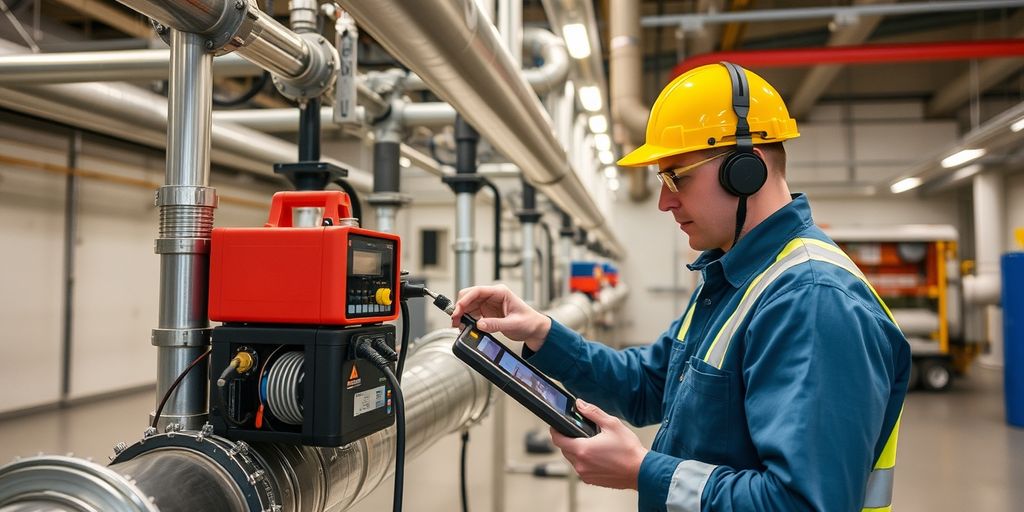 Technician performing leak test on industrial pipes