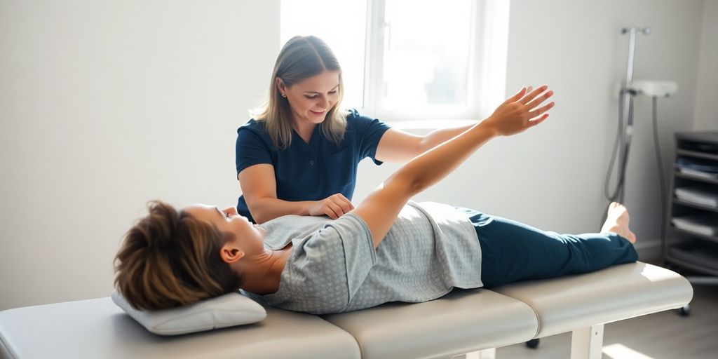 PNF: Propriozeptive neuromuskuläre Fazilitation: Therapeut dehnt den Arm eines Patienten auf einer Liege.