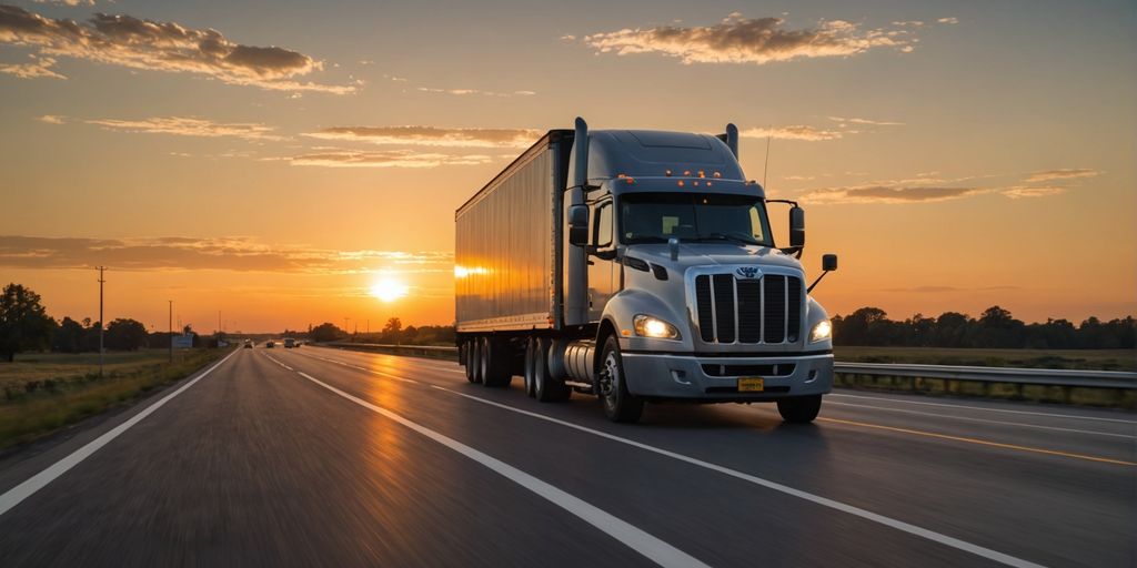 Truck on highway at sunset