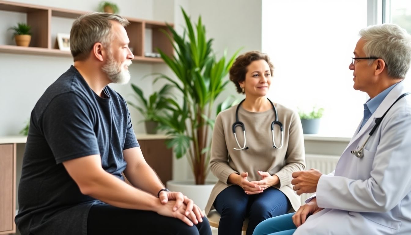 Körpertherapie: Arzt und Patient in heller Praxis bei Besprechung.