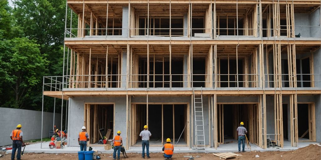House under renovation with workers and scaffolding