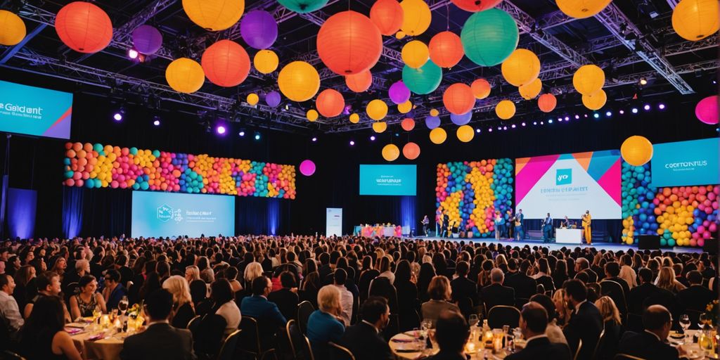 Lively event with diverse attendees and colorful decorations.