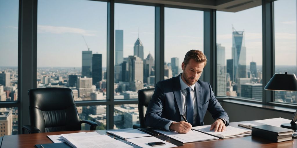 Business professional reviewing documents at desk.