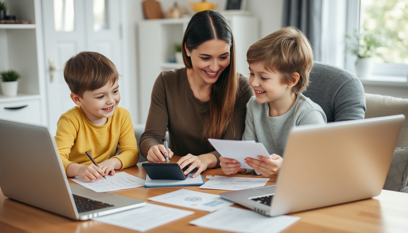 Family calculating Elterngeld at home.
