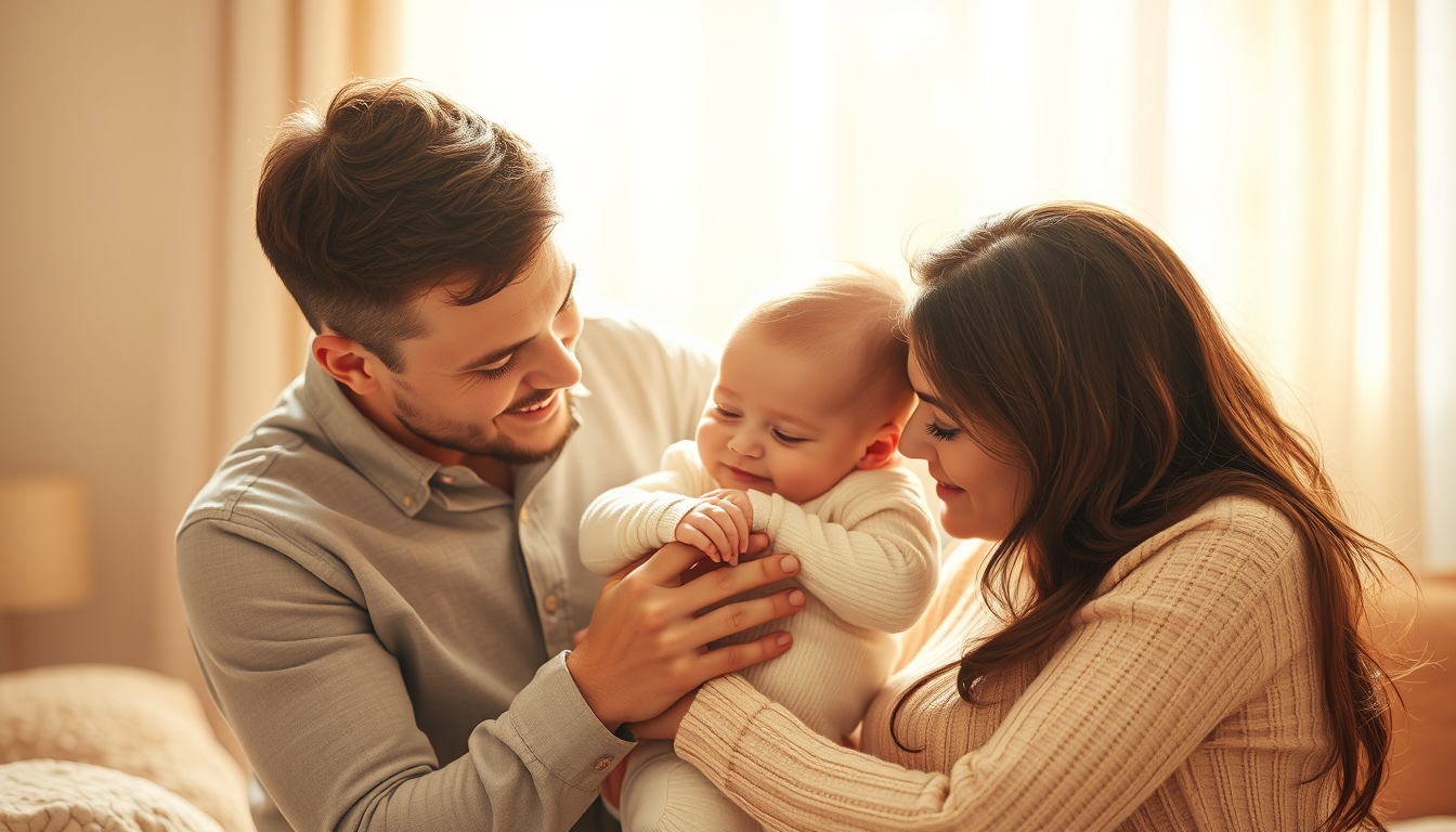 Parents with their baby in a cozy setting.