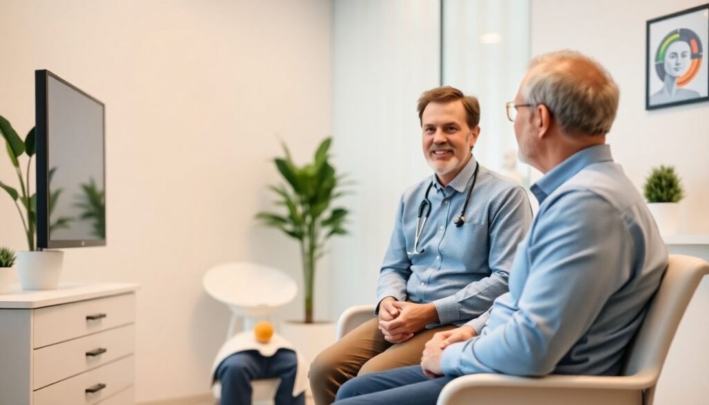 Ganzkörperhyperthermie: Doctor and patient discussing in a bright, modern practice.