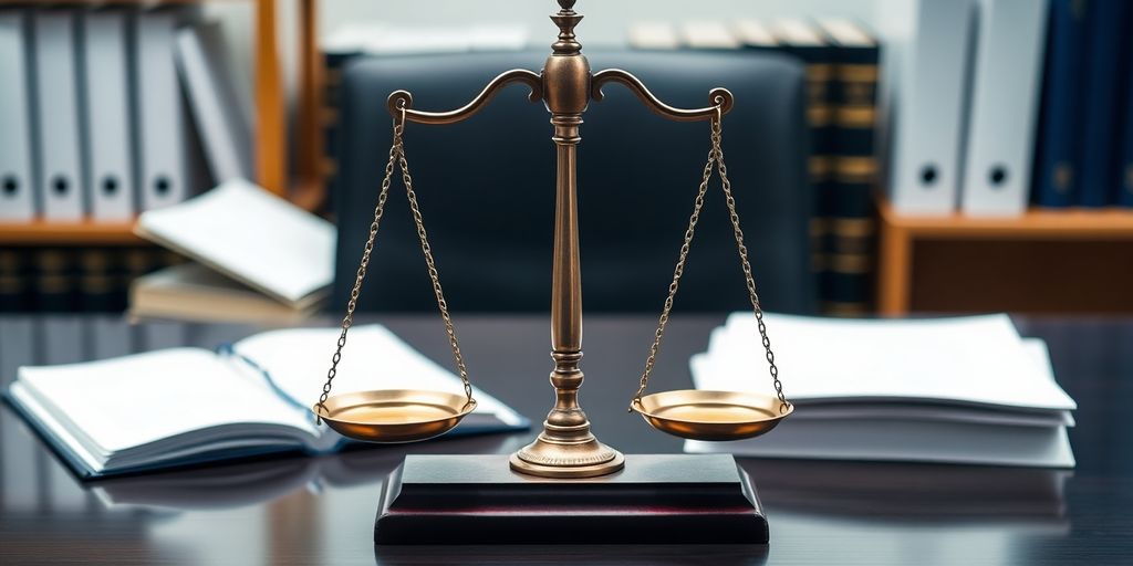 Schadensminderungspflicht: Rechtswaage auf einem Schreibtisch mit Akten.