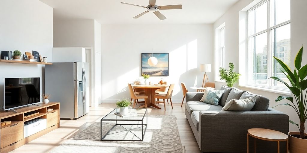 Moderne Wohnzimmer mit neuen Möbeln und hellen Farben.