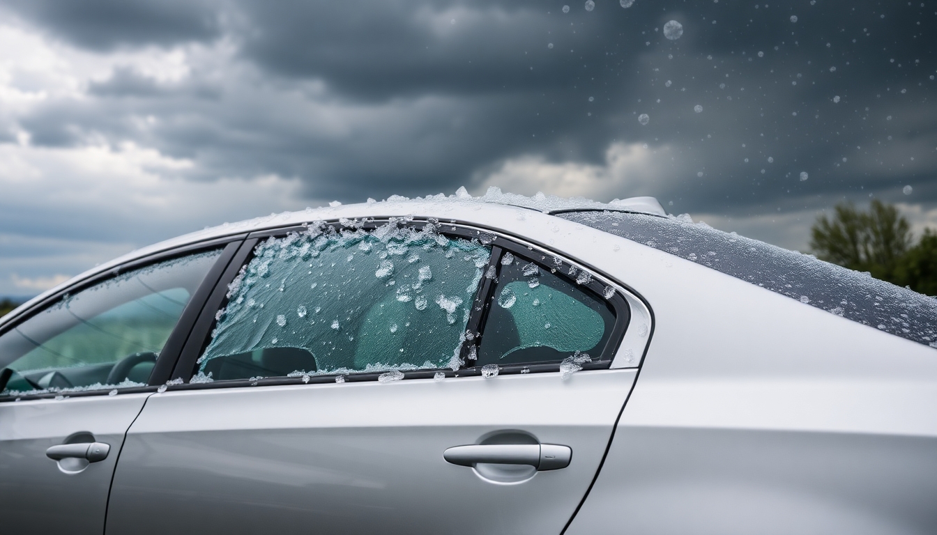 Car damaged by hail with dents and broken glass.