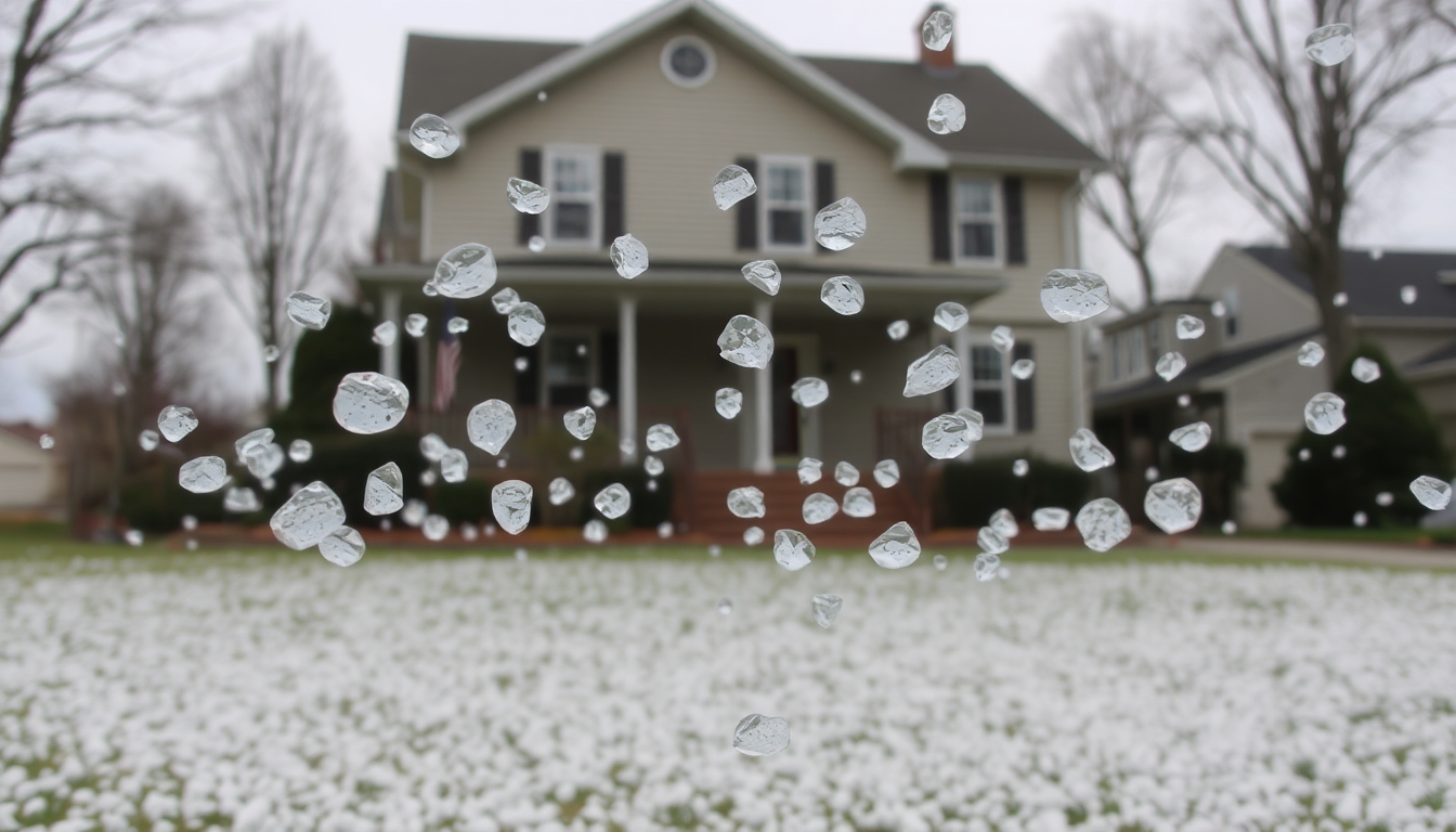 Hailstones scattered around a house during a storm.