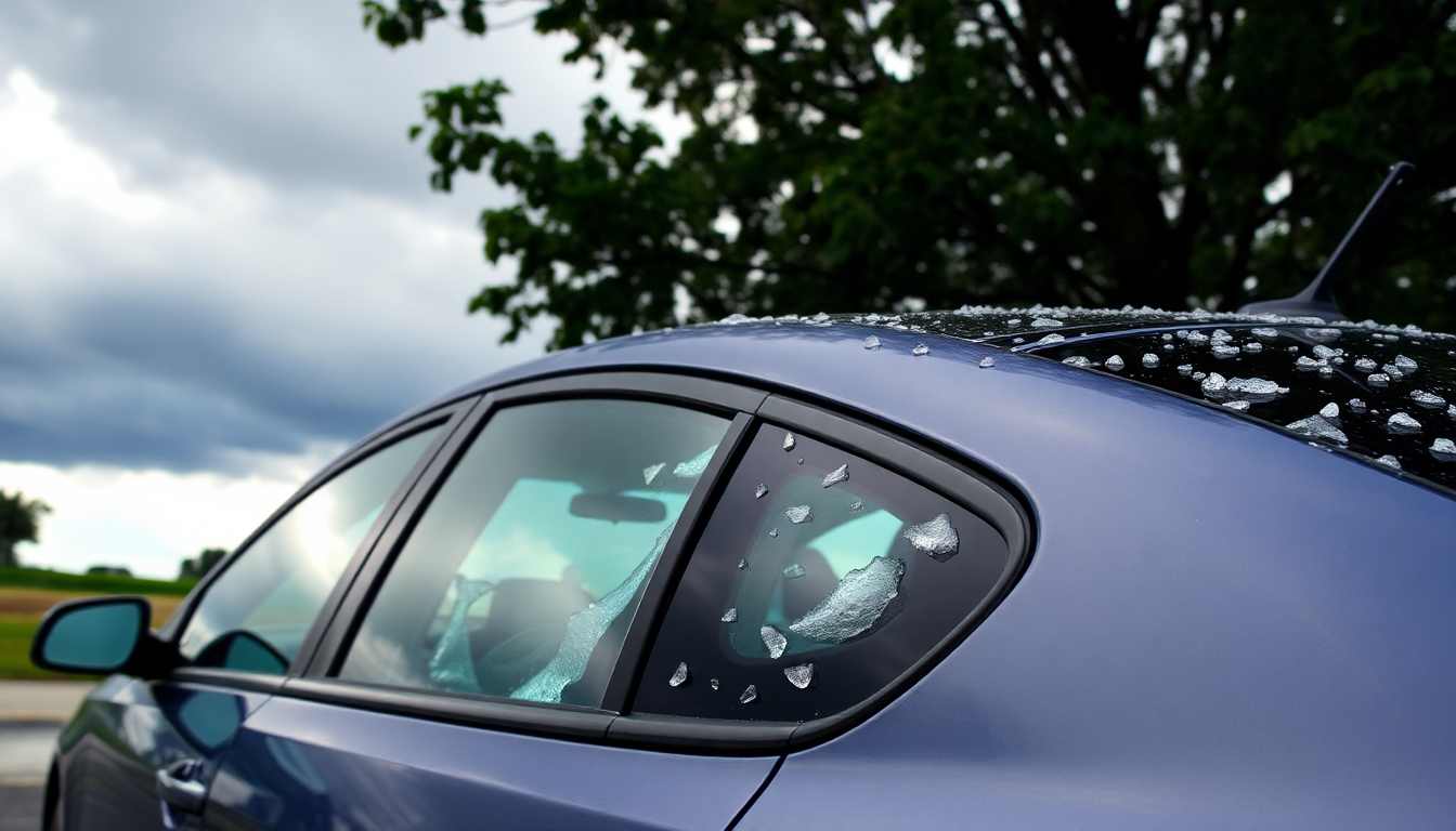 Car with hail damage under stormy sky.
