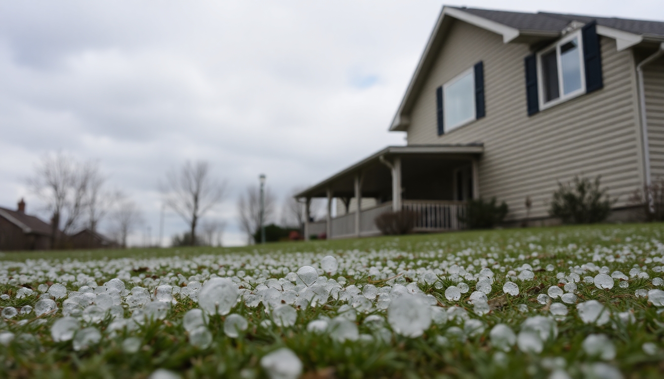 Hailstones in front of a house.