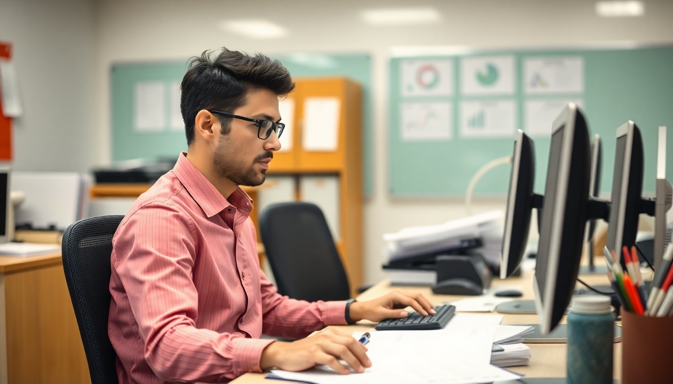Employee working at a desk with a computer and paperwork.