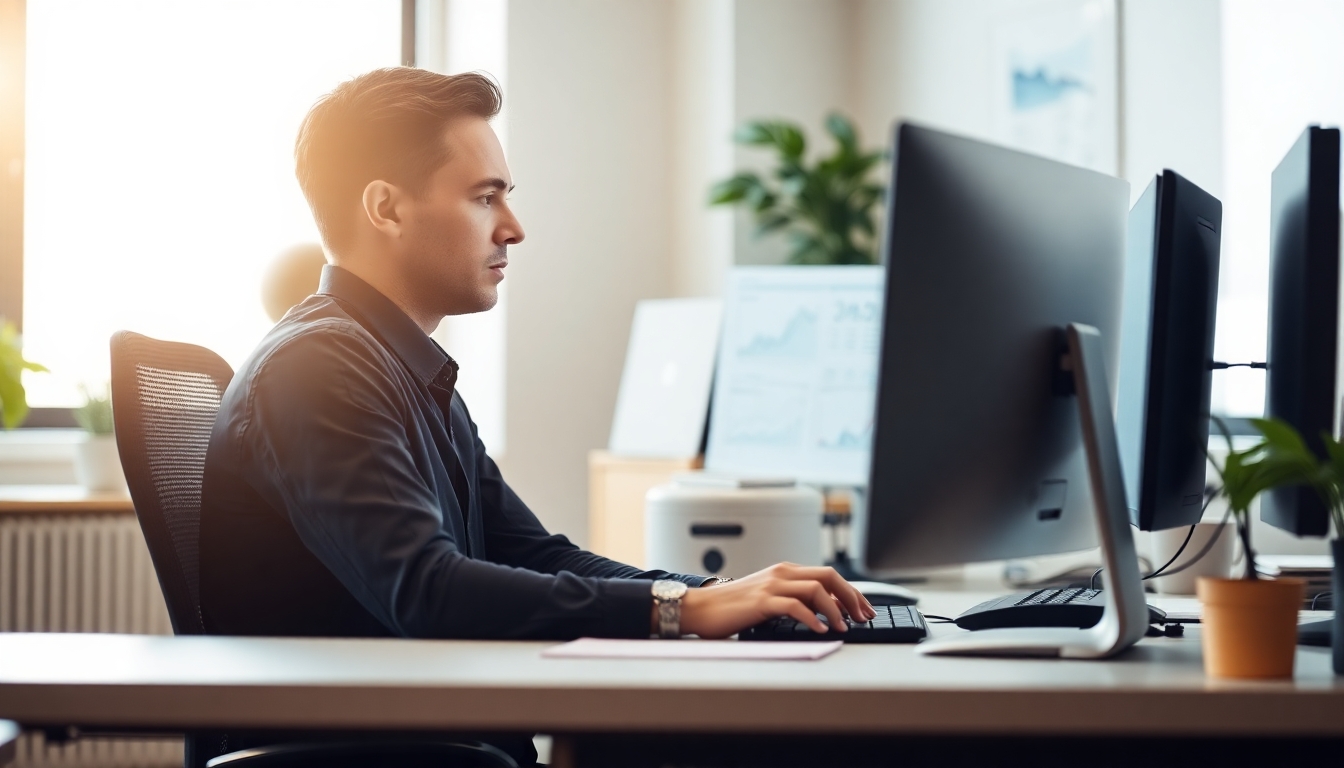 Office worker analyzing administrative costs at a computer.