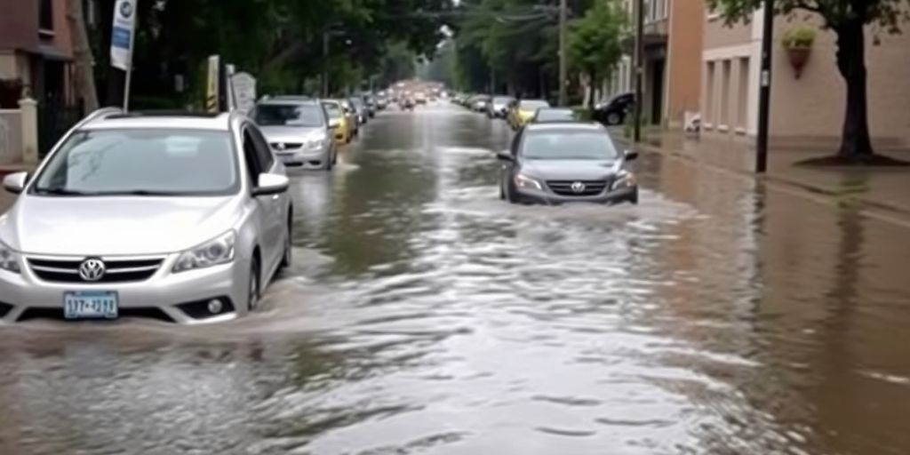 Überflutete Straße mit versunkenen Autos und Wasserständen.