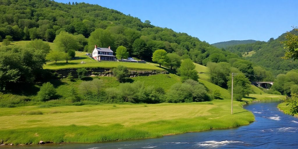 Haus auf Hügel, umgeben von Bäumen und Fluss.