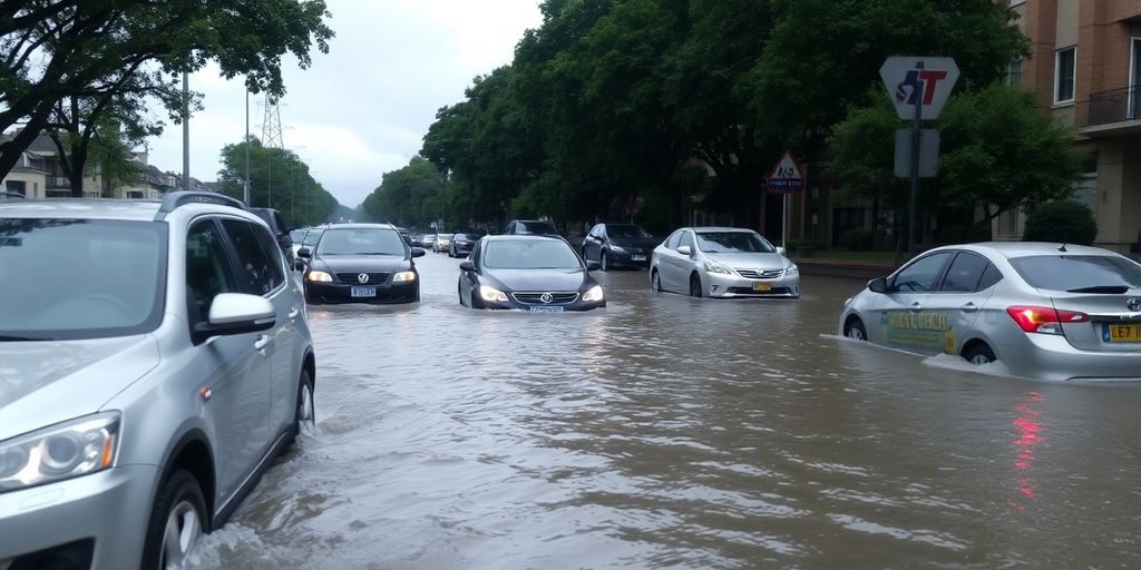 Überflutete Straße mit versunkenen Autos und Bäumen.
