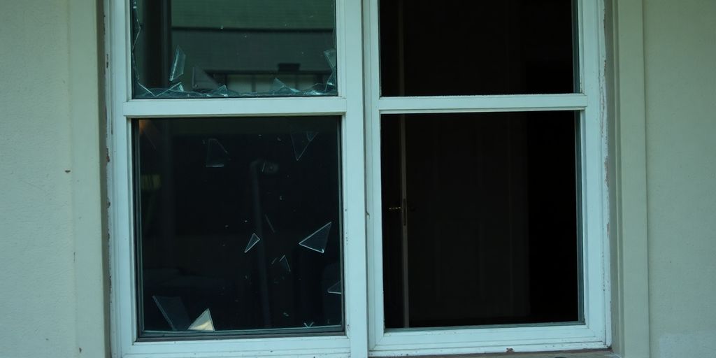 Zerschlagenes Fenster und offene Tür in einem Raum.