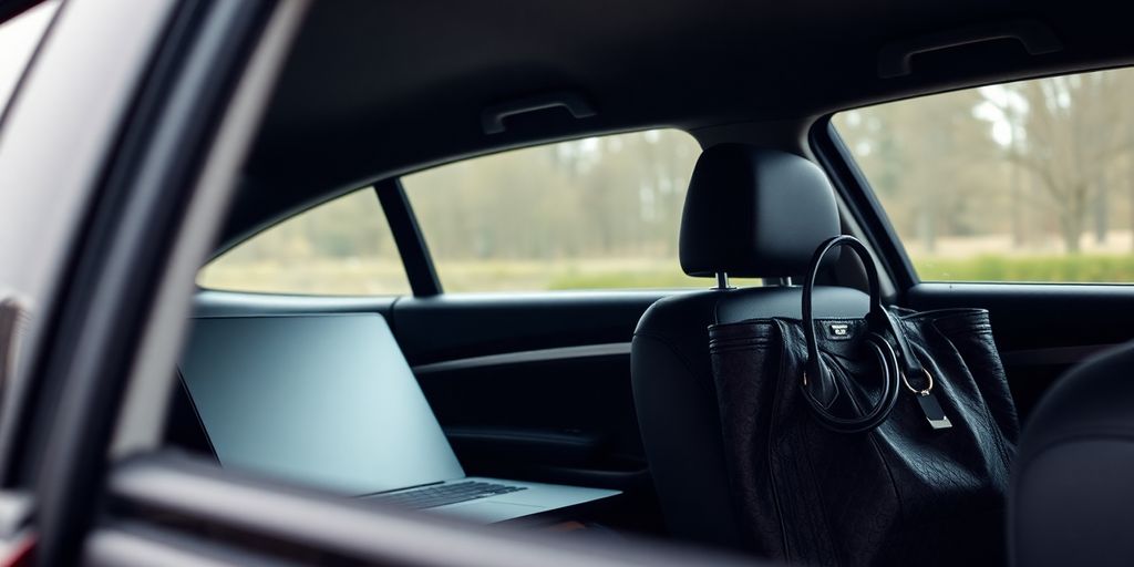 Wertgegenstände im Auto, wie Laptop und Handtasche.