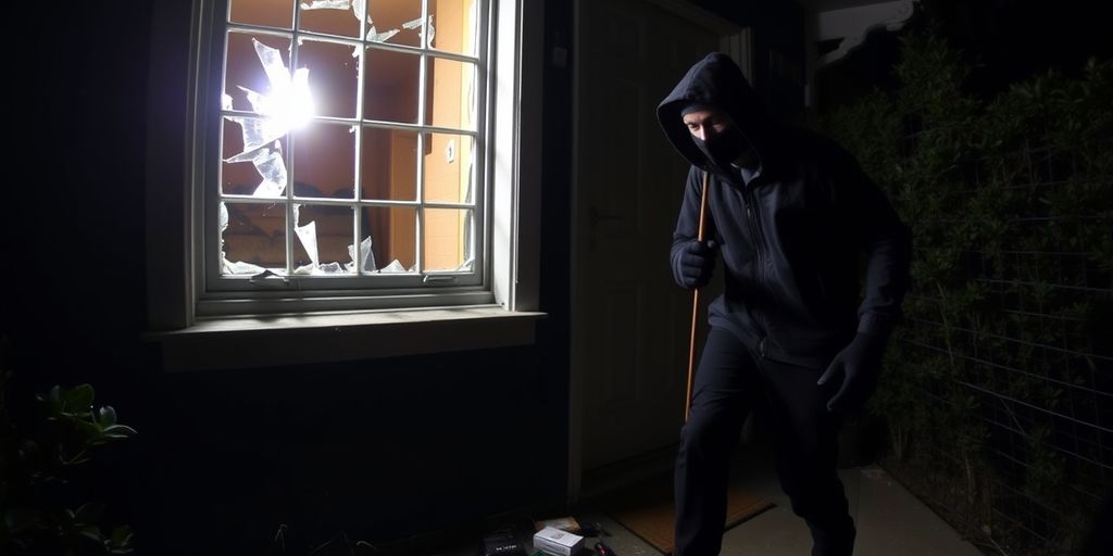 Burglar breaking into house at night