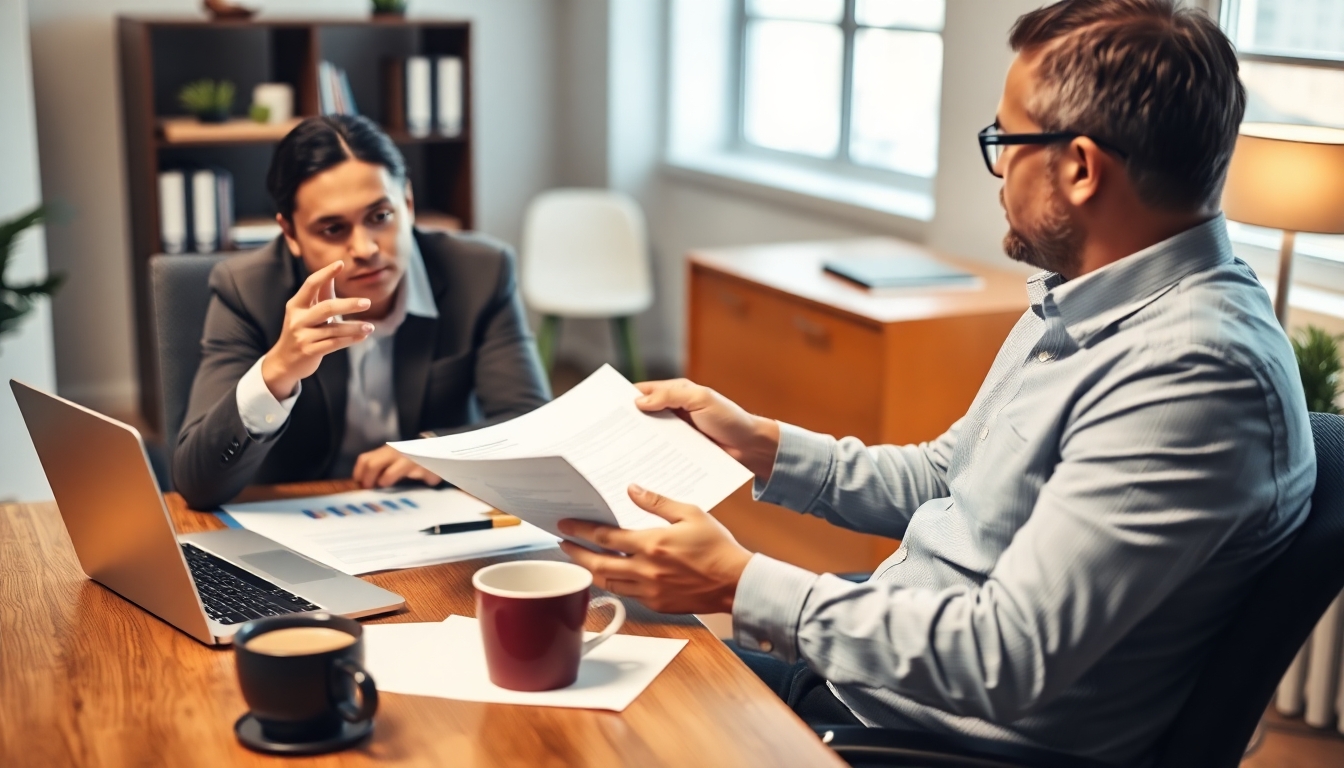 Expert explaining insurance concepts to a client at desk.